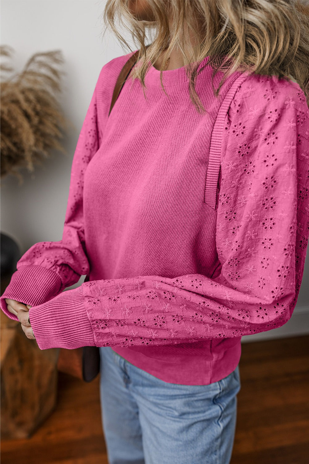 Eyelet Round Neck Long Sleeve Sweatshirt - 5 colors Trendsi
