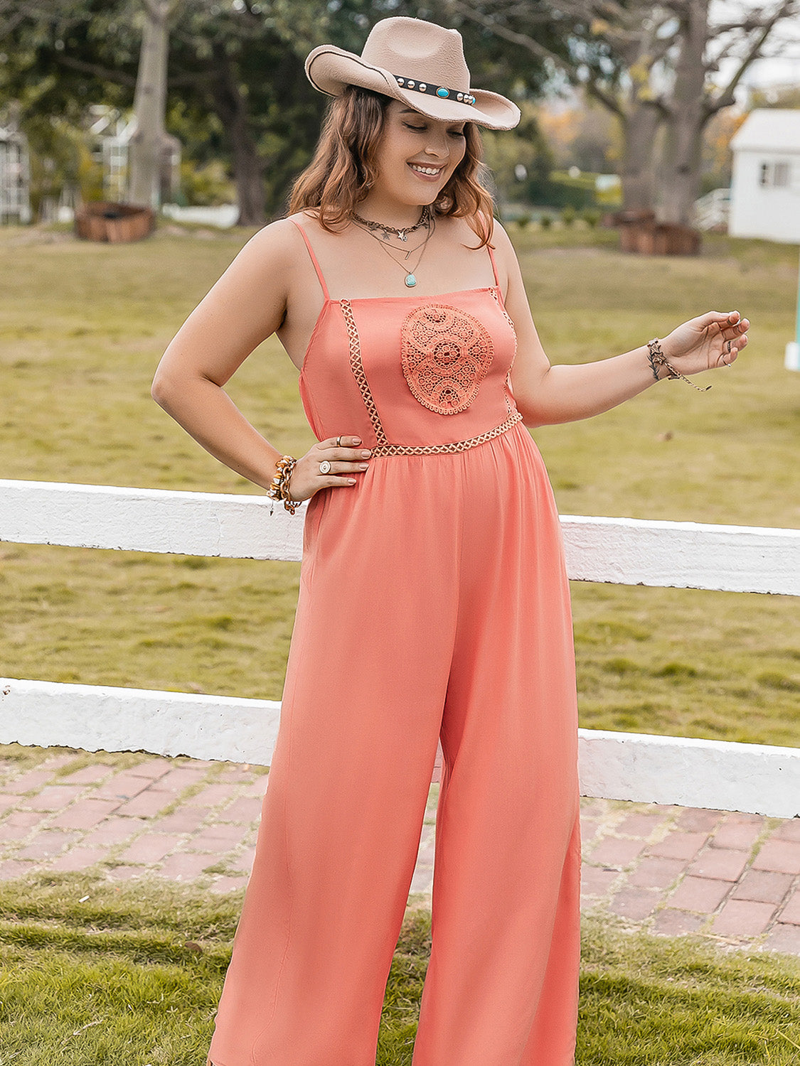 Plus Size Lace Detail Spaghetti Strap Wide Leg Jumpsuit - Shop All Around Divas