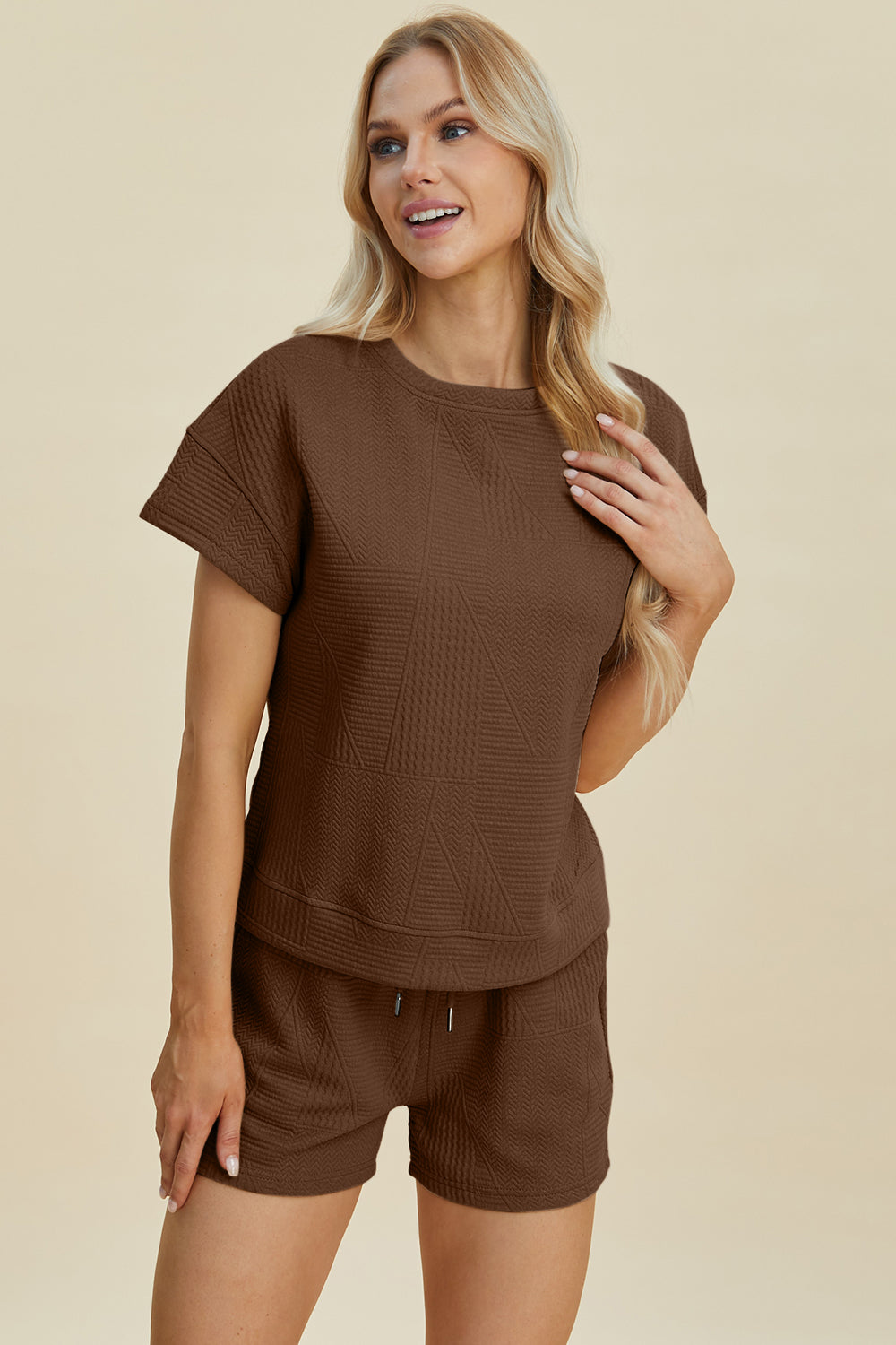 Double Take Full Size Texture Short Sleeve Top and Shorts Set - 5 Colors Trendsi