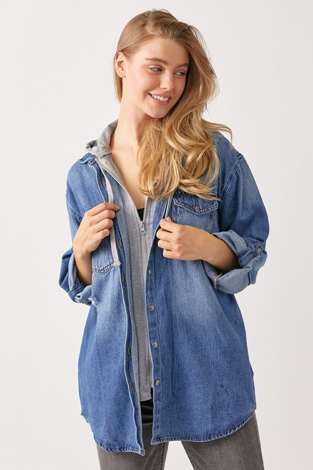 RISEN Zip Up Hooded Denim Shacket - Shop All Around Divas