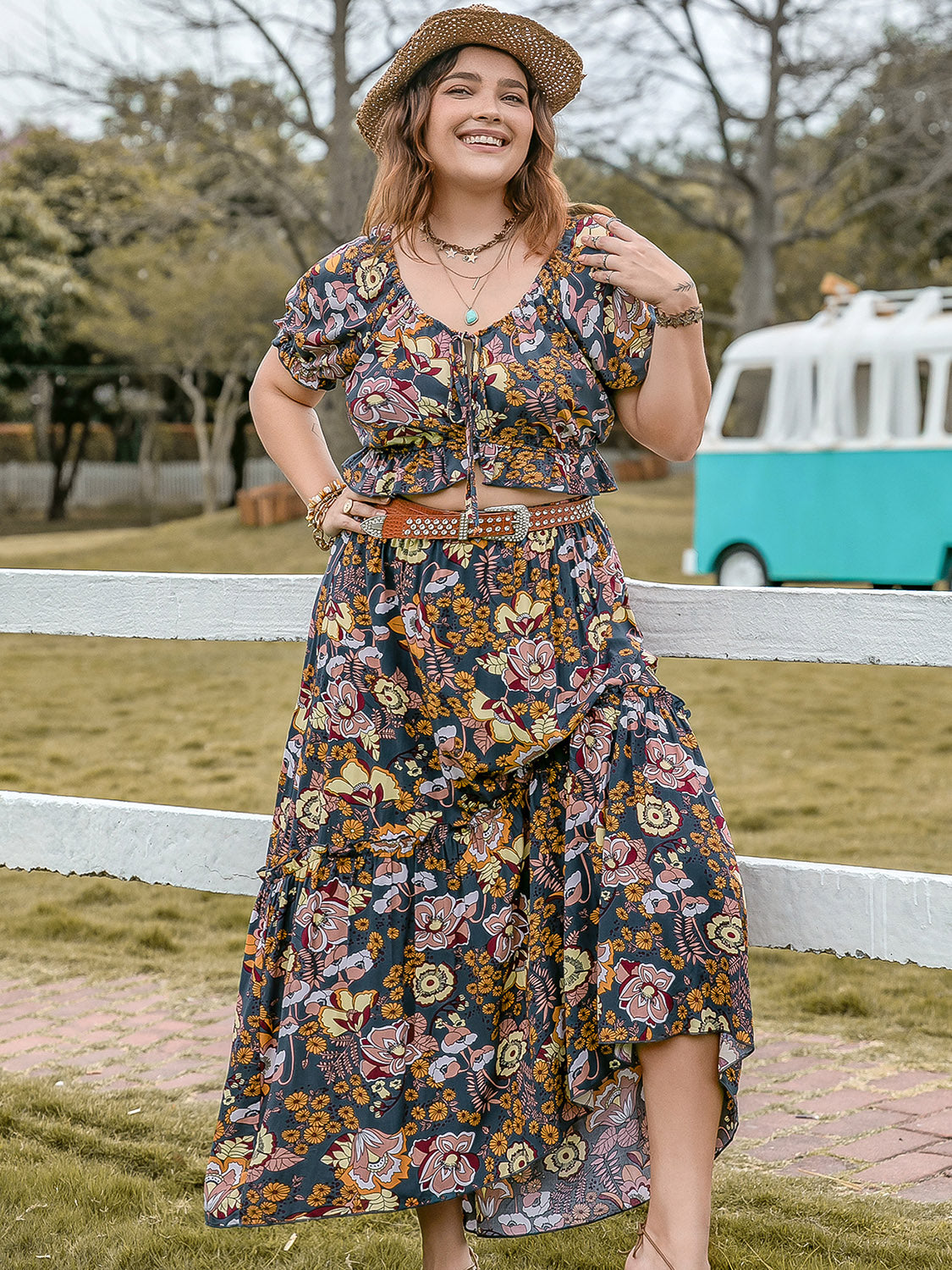 Plus Size Tie Neck Short Sleeve Top and Skirt Set - Shop All Around Divas