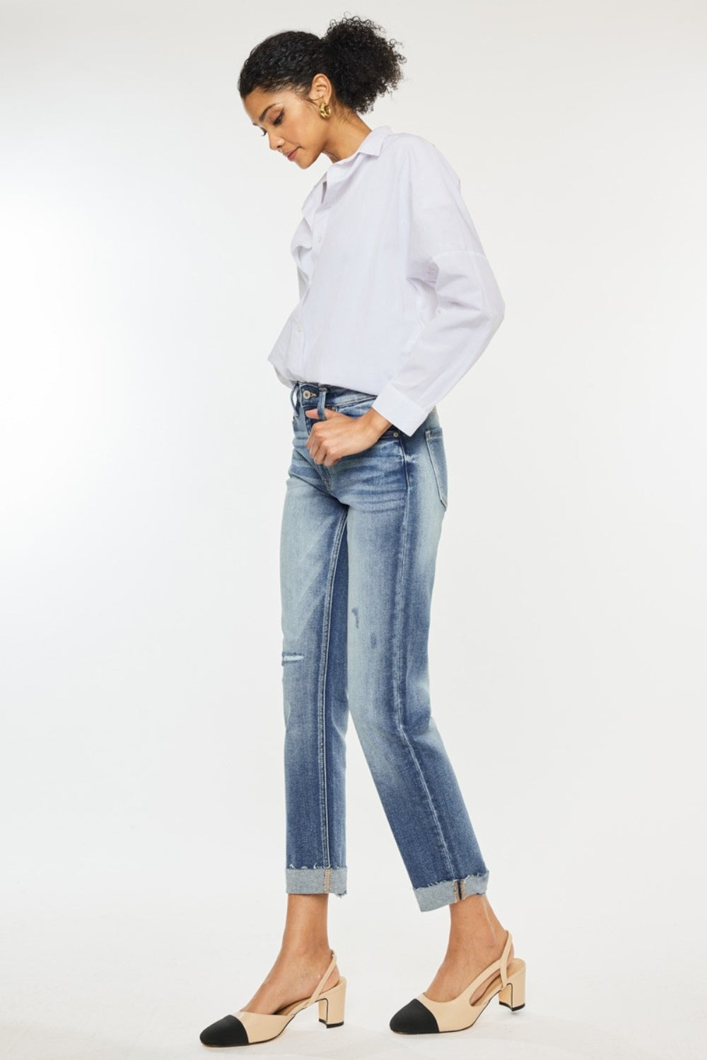 Kancan High Rise Cuffed Straight Jeans Trendsi