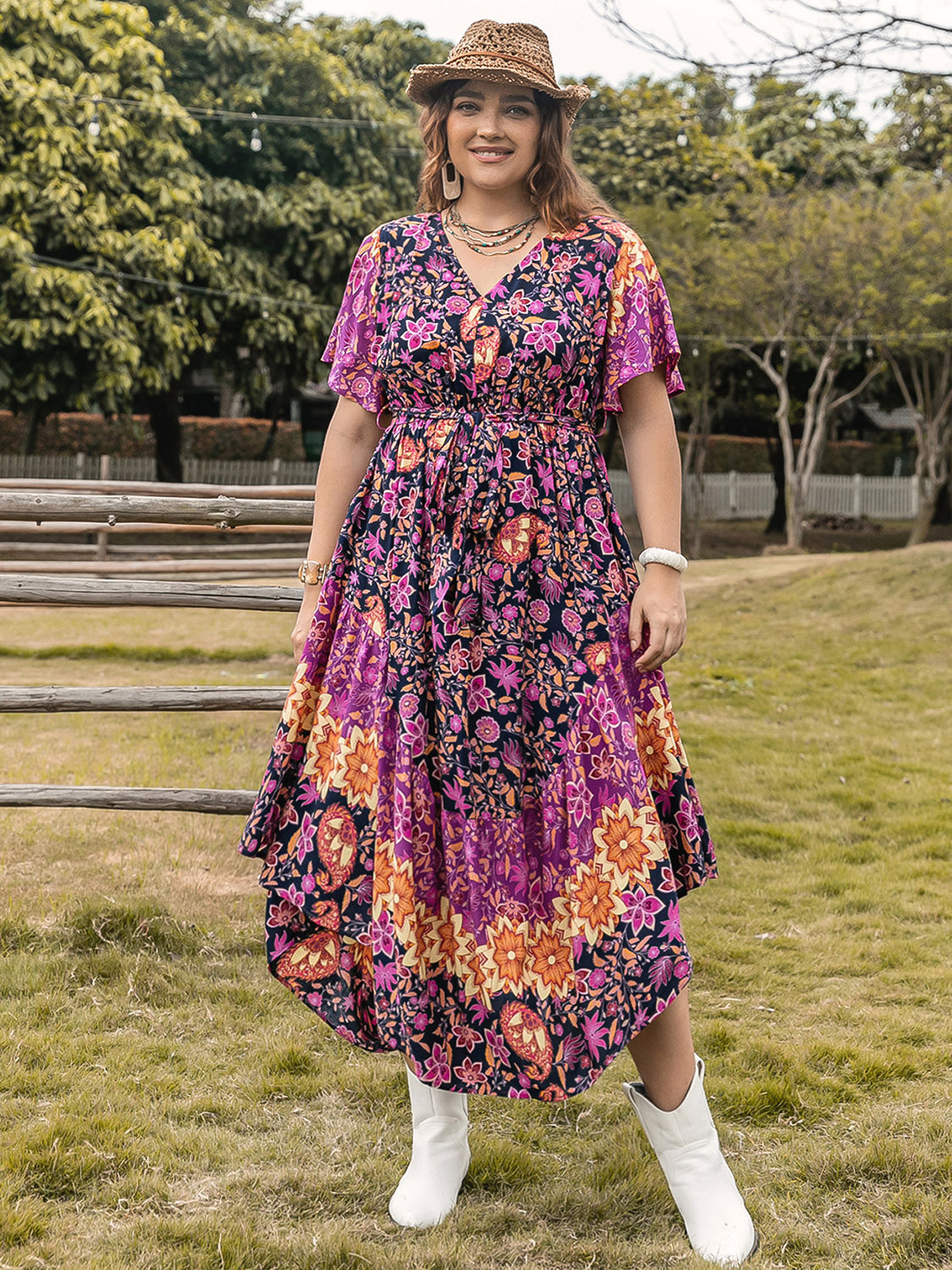 Plus Size Printed V-Neck Flutter Sleeve Midi Dress - Shop All Around Divas