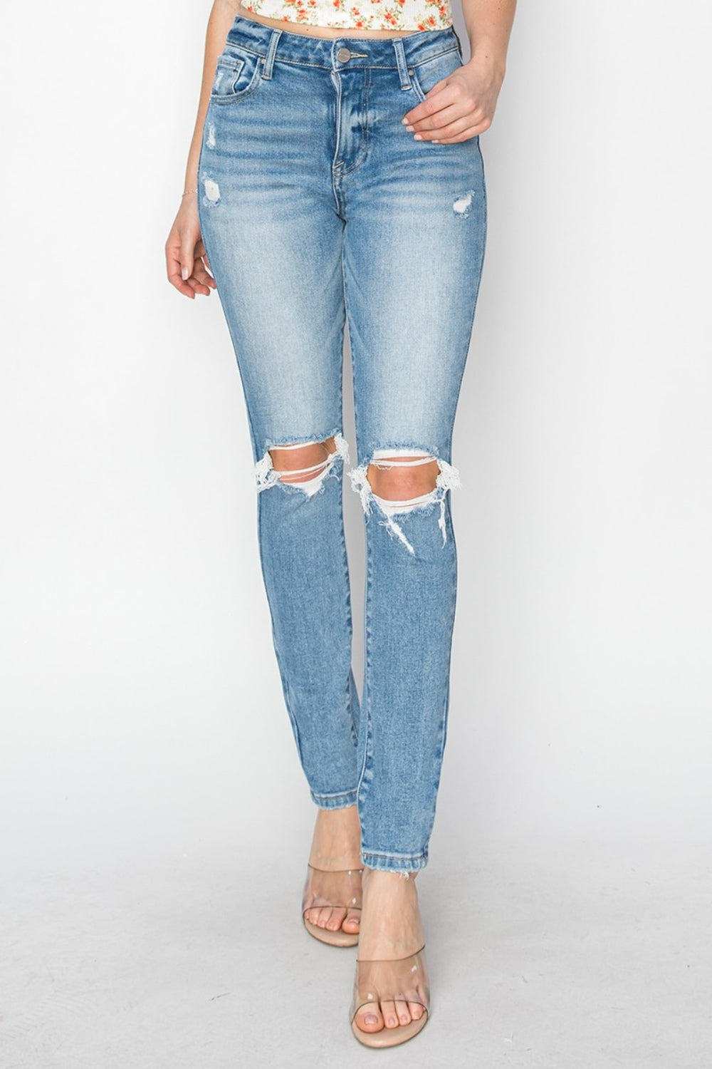 Risen Full Size High Rise Knee Distressed Skinny Jeans Trendsi