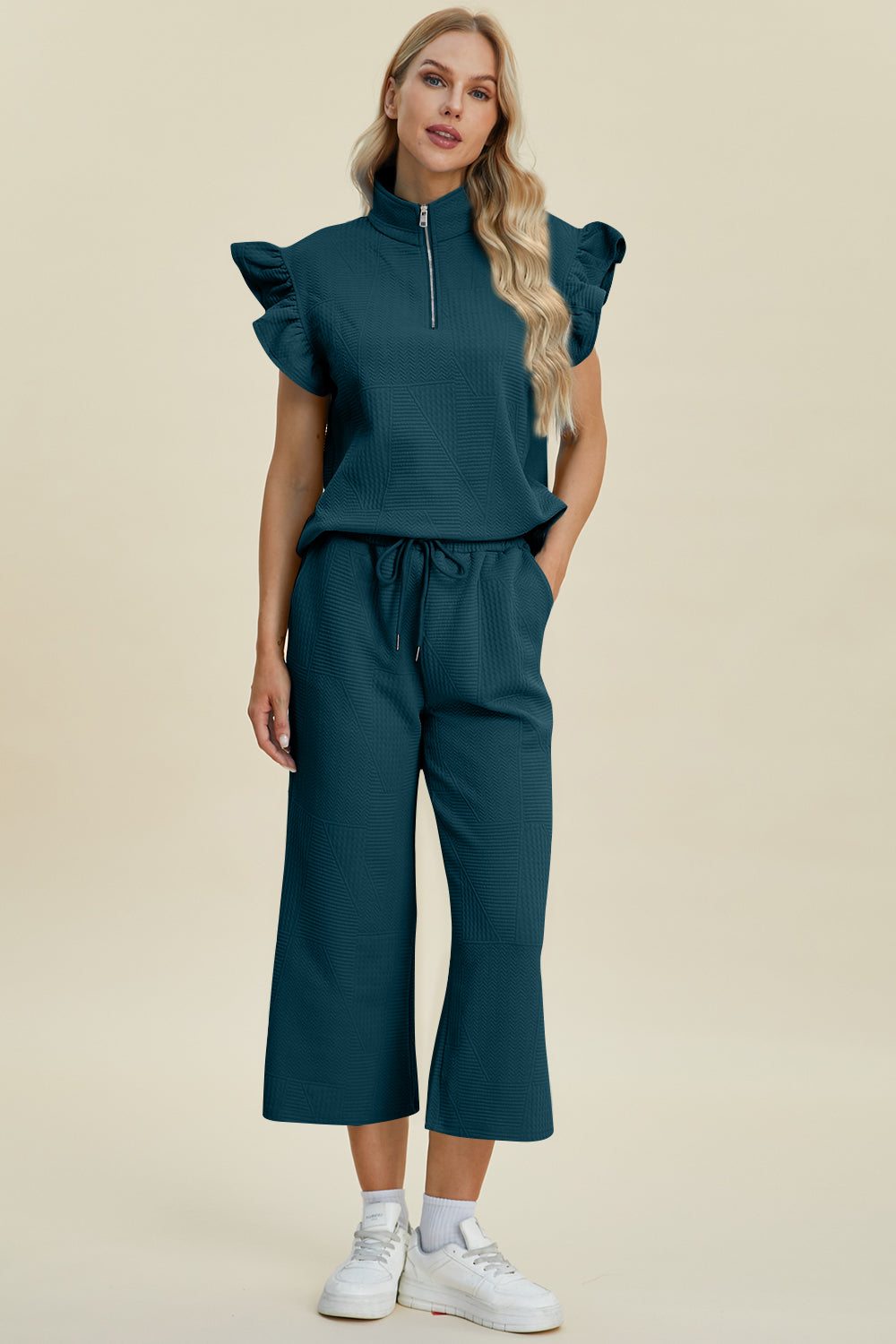 Double Take Texture Ruffle Short Sleeve Top and Wide Leg Pants Set - 5 Colors Trendsi