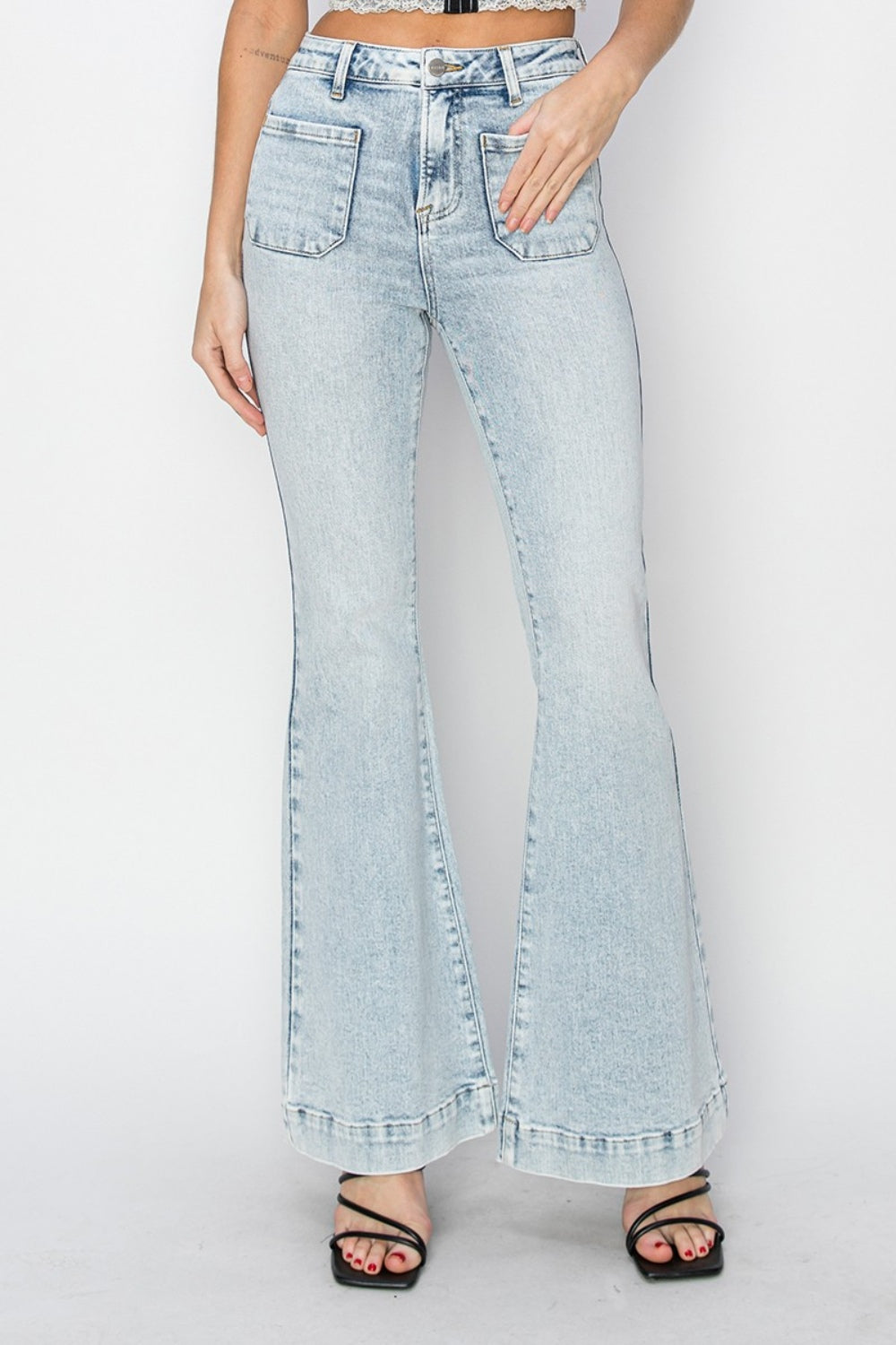 Risen Full Size High Rise Front Patch Pocket Flare Jeans Trendsi