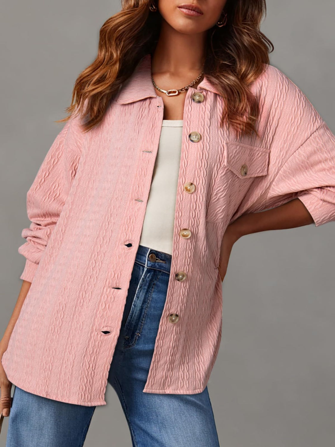 Textured Button Up Long Sleeve Shacket - 5 Colors