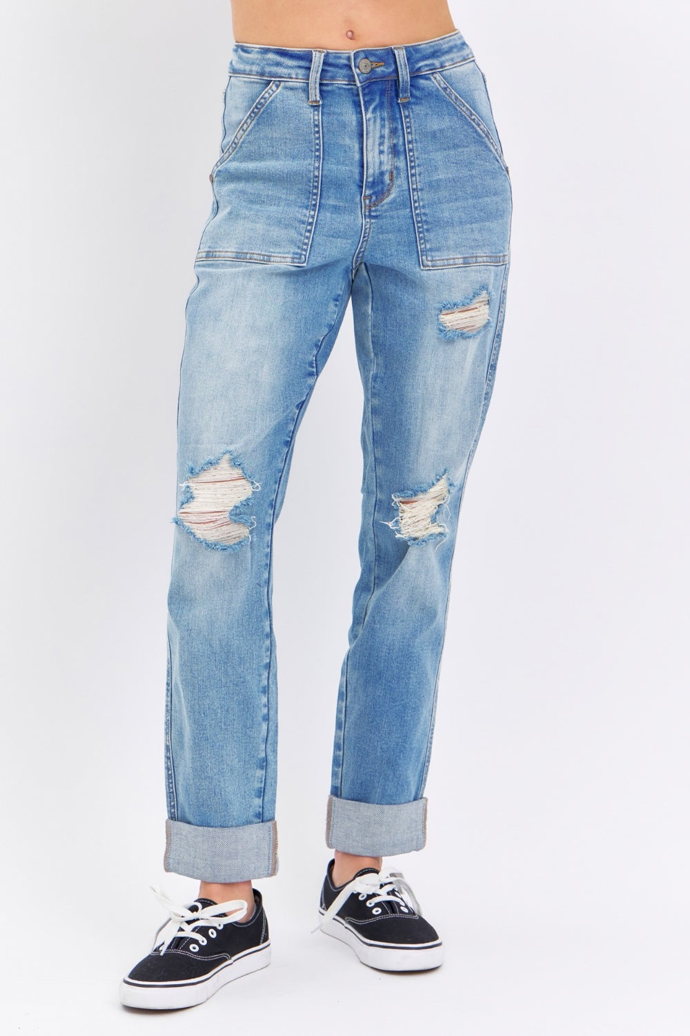 Judy Blue Full Size Distressed Straight Jeans with Patch Pockets Trendsi