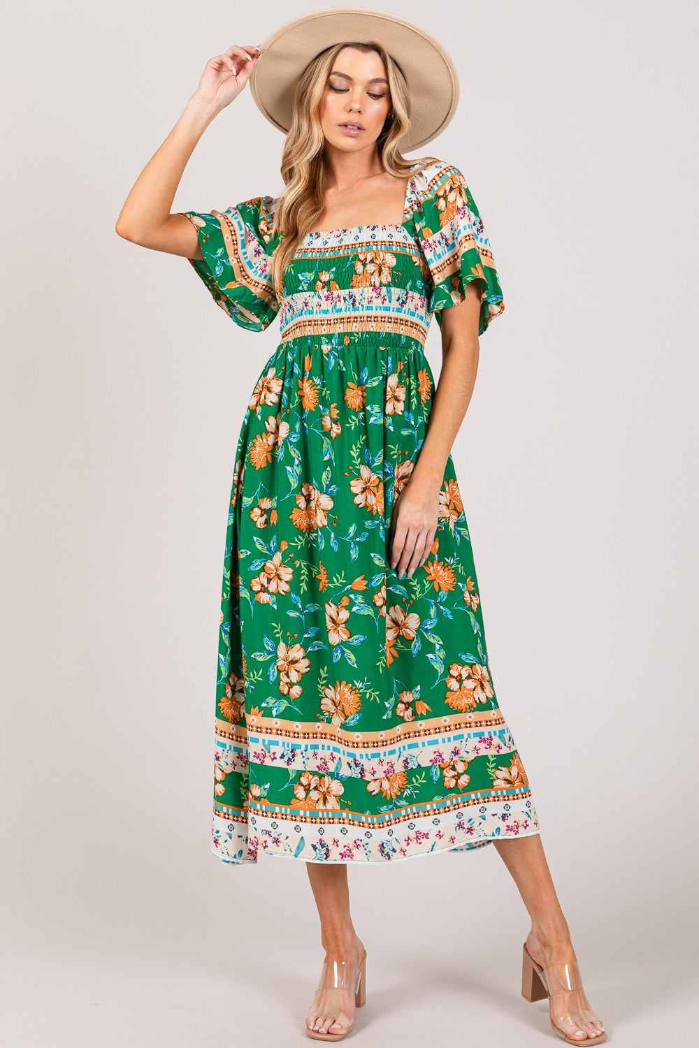 SAGE + FIG Printed Smocked Short Sleeve Midi Dress - Shop All Around Divas