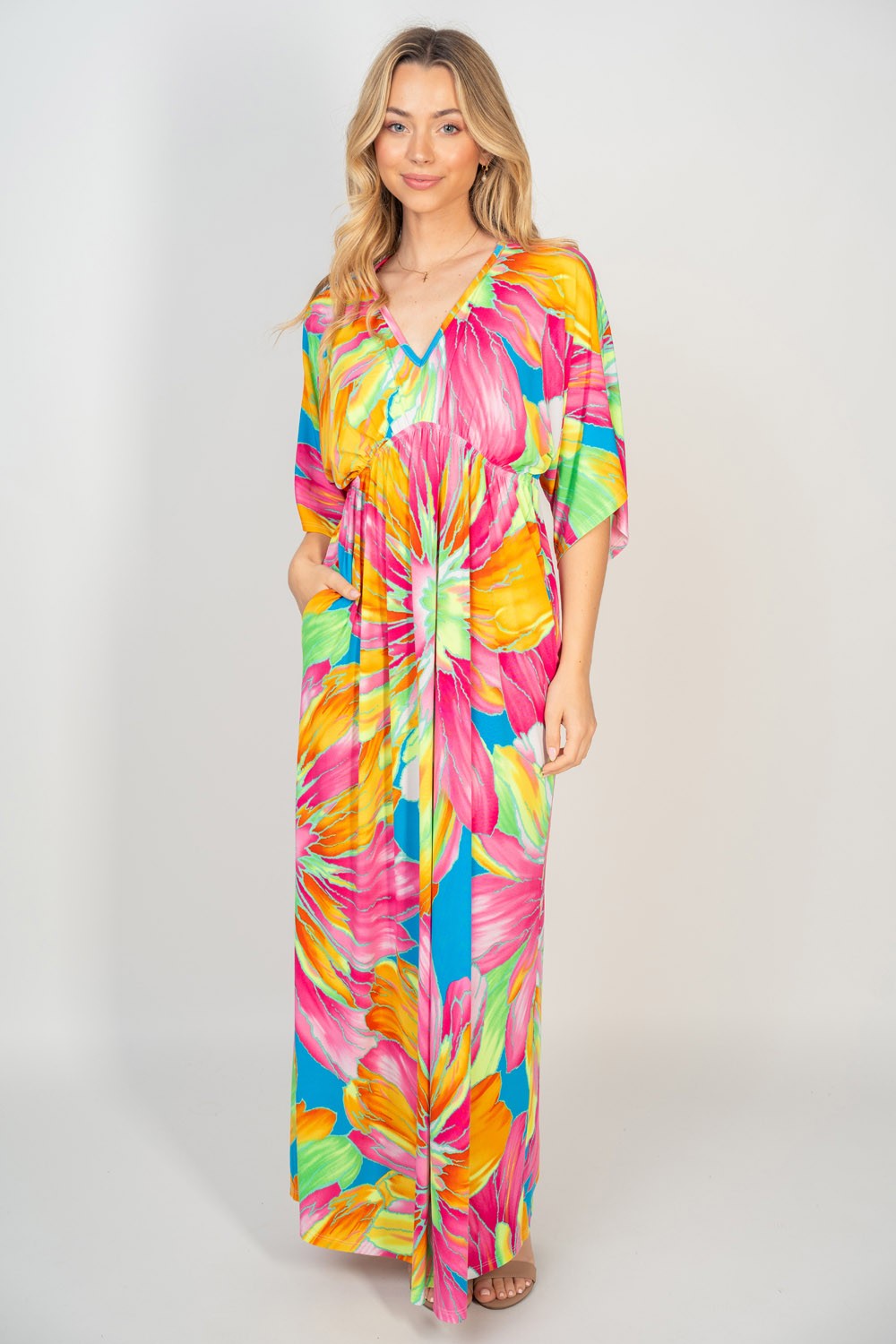 White Birch Printed V-Neck Maxi Dress with Pockets - Shop All Around Divas