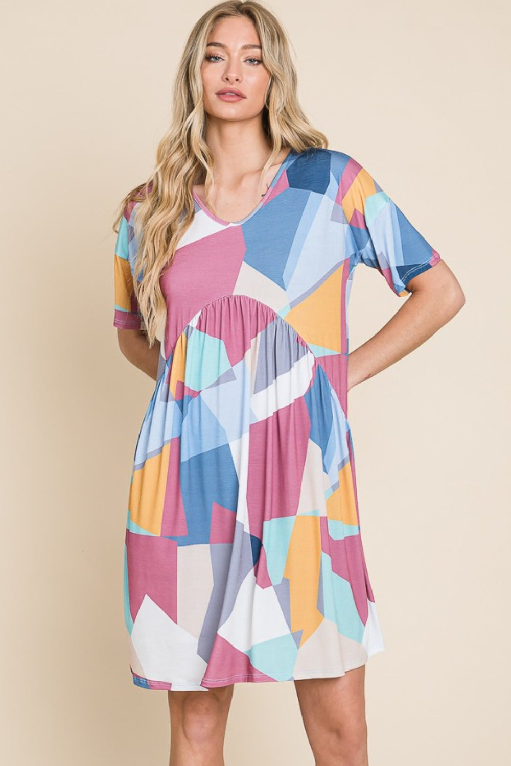 BOMBOM Ruched Color Block Short Sleeve Dress - Shop All Around Divas