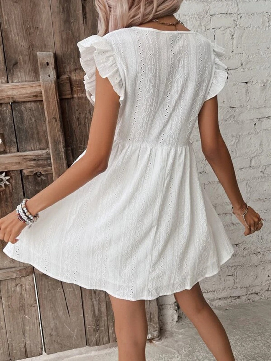 Eyelet Ruffled Cap Sleeve Mini Dress - Shop All Around Divas