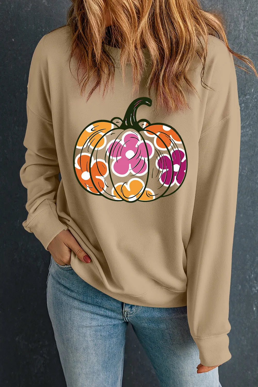 Pumpkin & Flower Graphic Long Sleeve Sweatshirt Trendsi