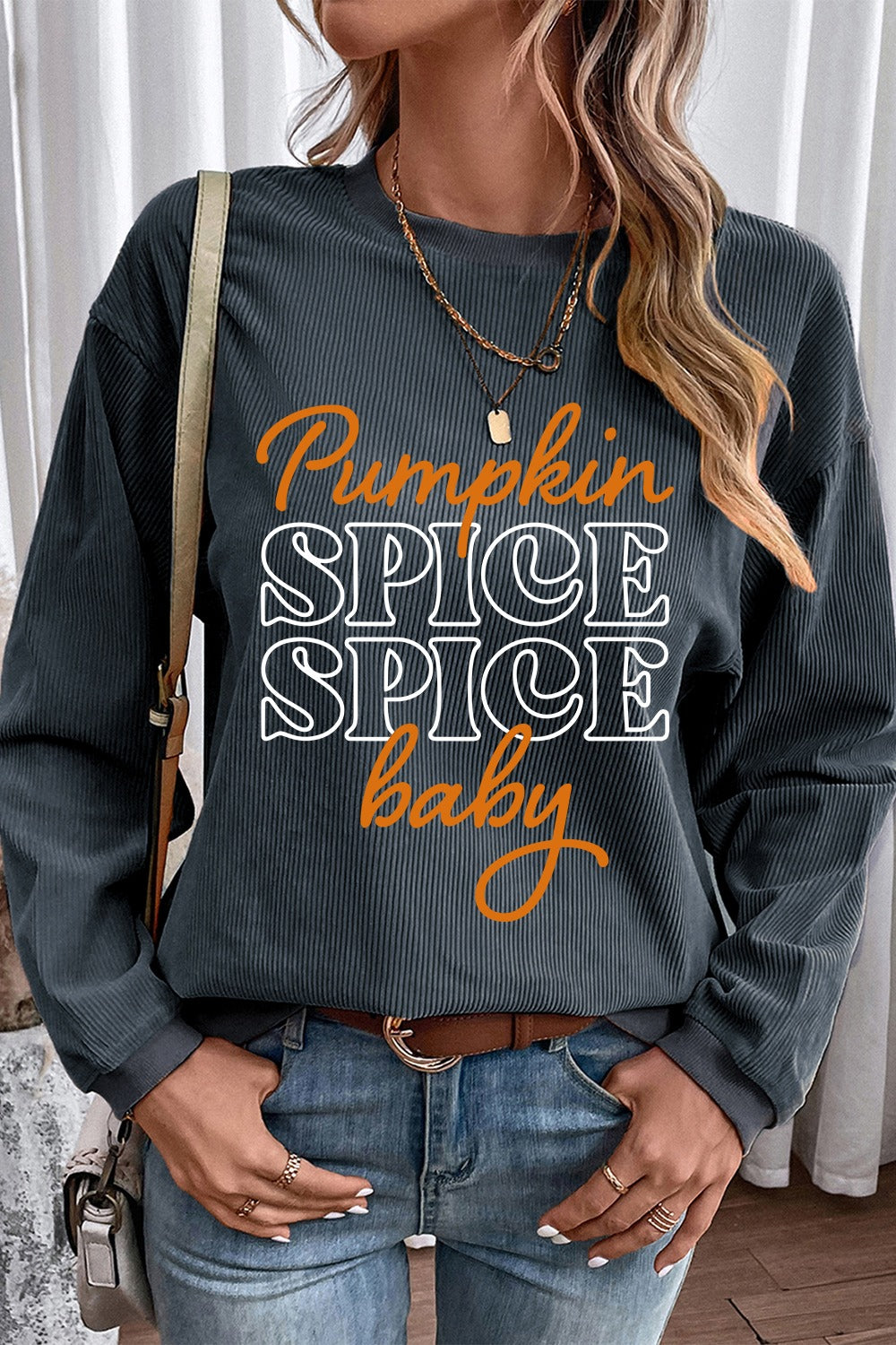 Letter Graphic Round Neck Long Sleeve Sweatshirt Trendsi