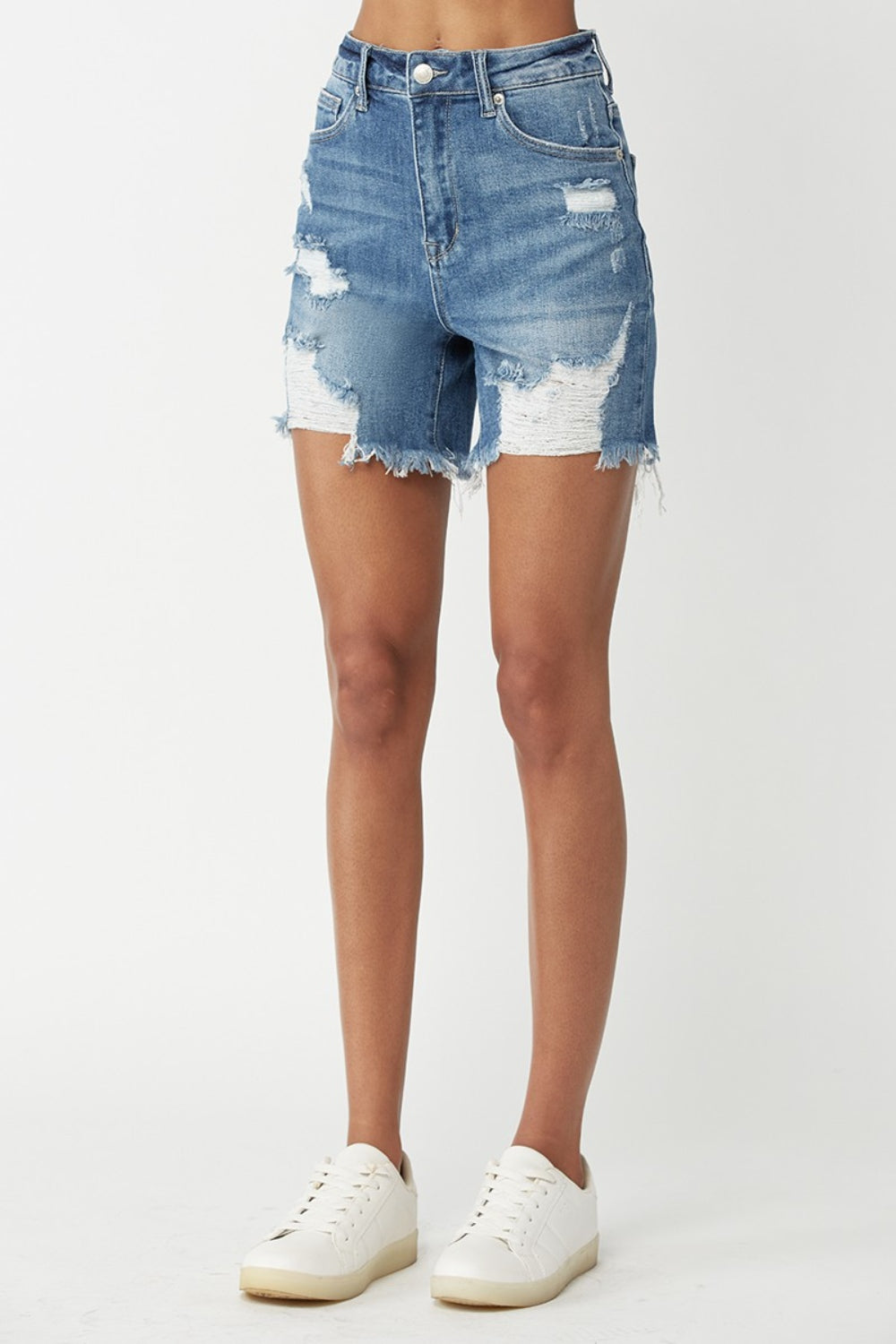 RISEN High Waisted Distressed Denim Shorts - Shop All Around Divas