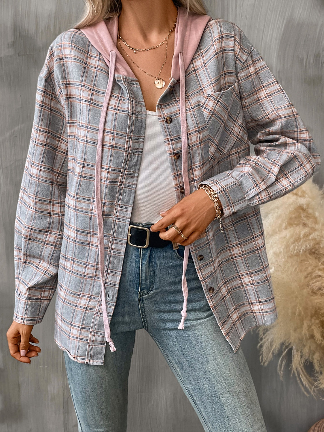 Plaid Long Sleeve Hooded Jacket - 5 Colors Trendsi