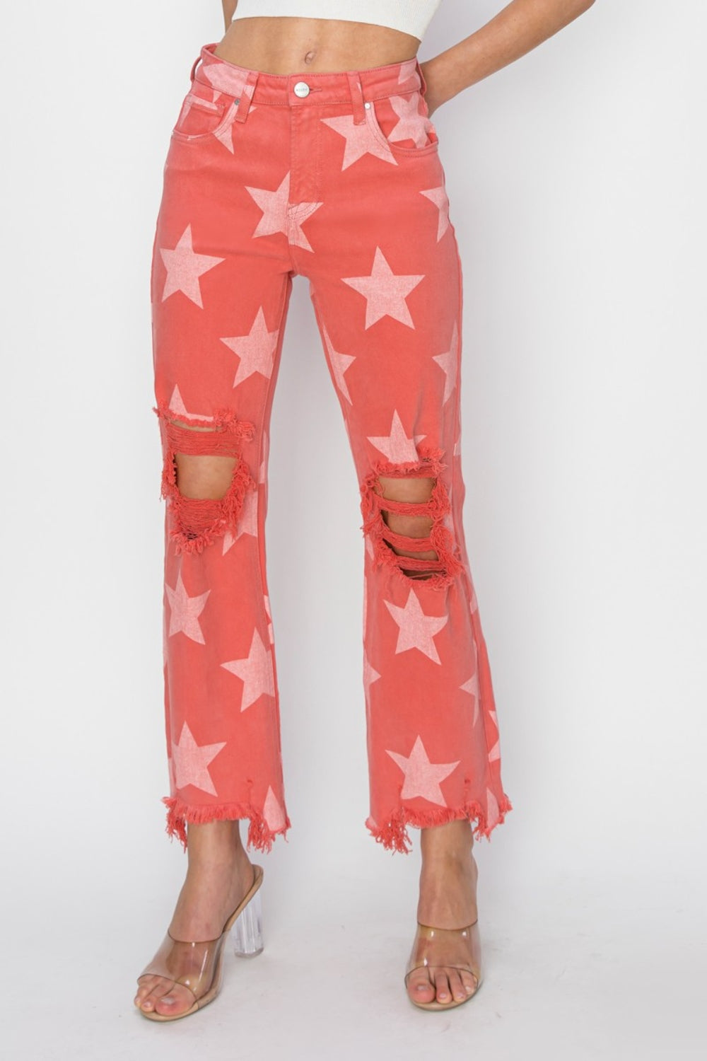 RISEN Full Size Distressed Raw Hem Star Pattern Jeans - Shop All Around Divas