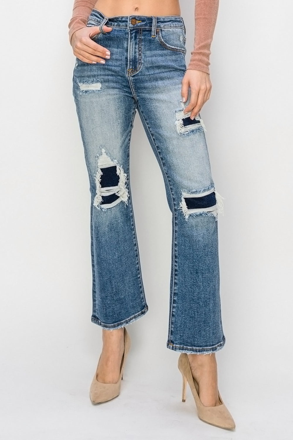 Risen Full Size High Rise Distressed Ankle Flare Jeans Trendsi