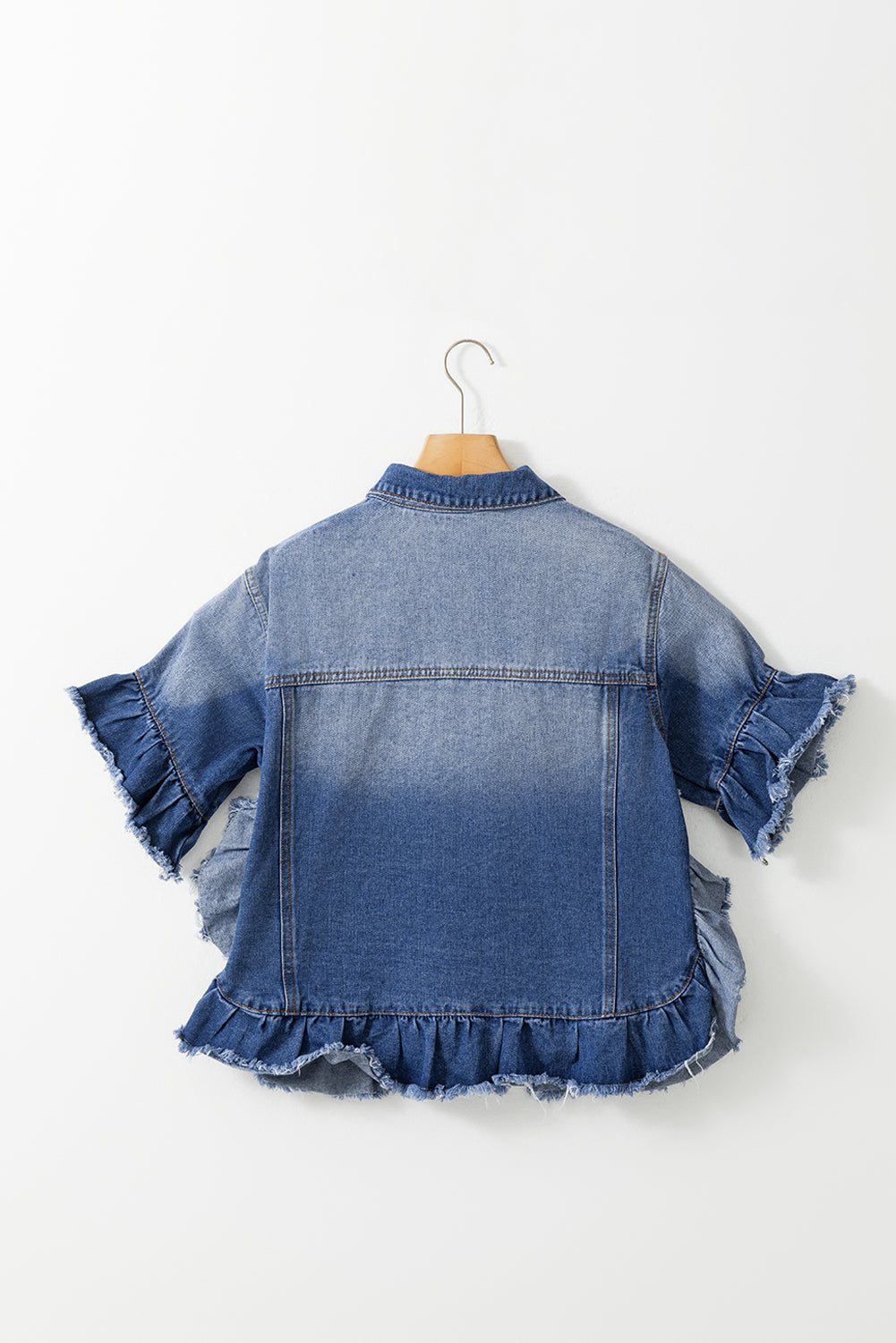 Ruffled Raw Hem Half Sleeve Denim Top - Shop All Around Divas