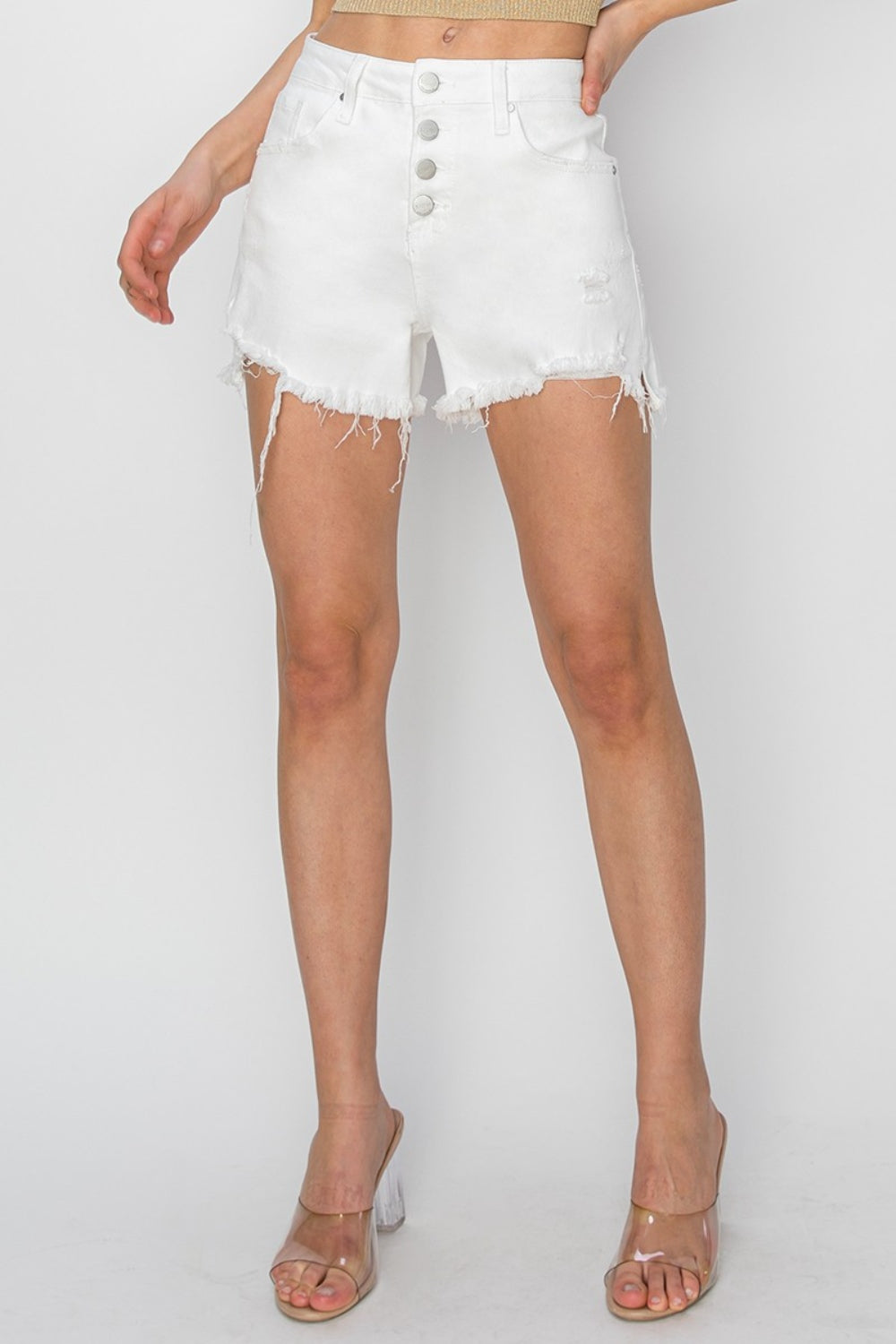 RISEN Button Fly Frayed Hem Denim Shorts - Shop All Around Divas