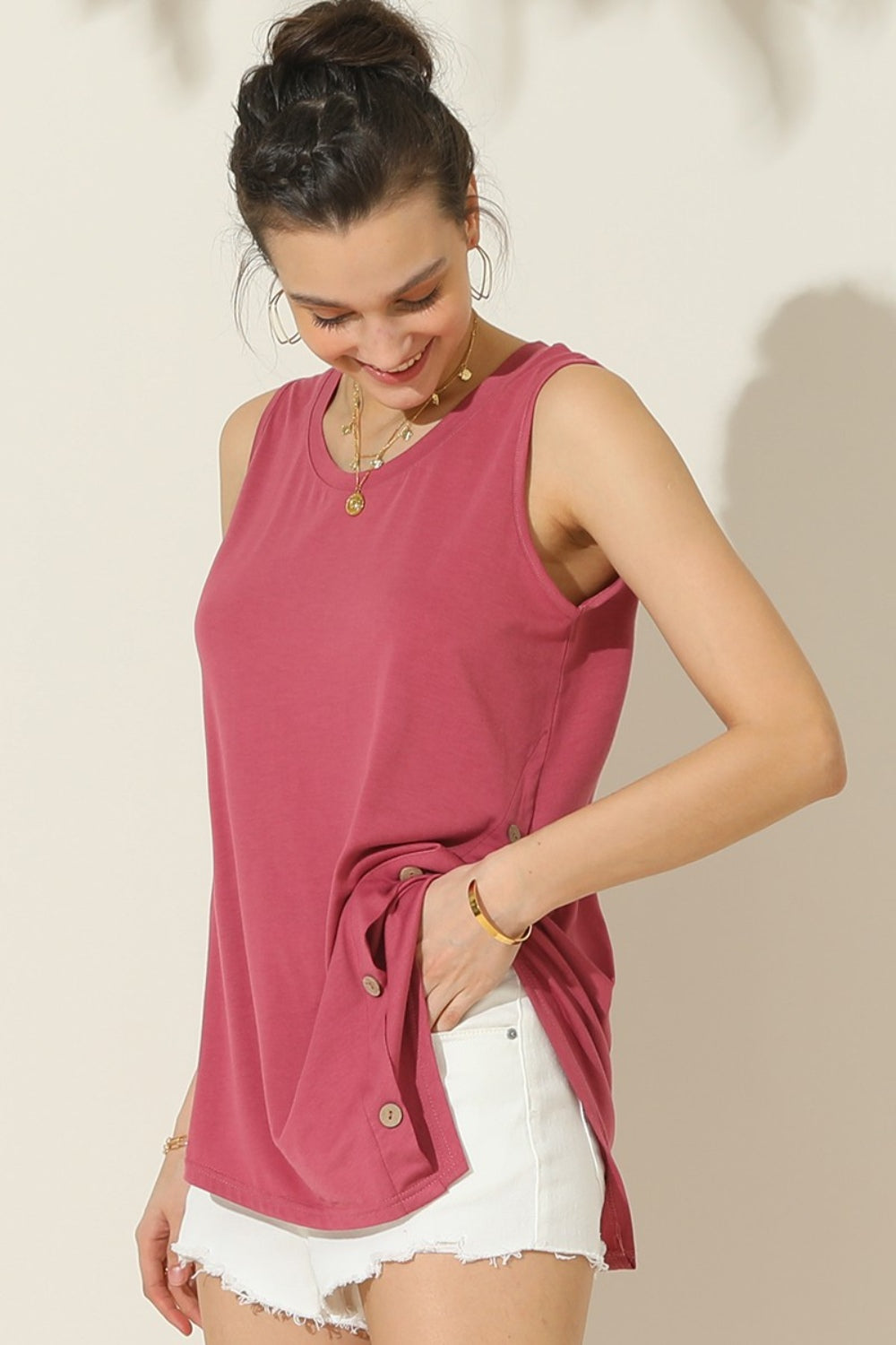 Ninexis Round Neck Button Side Tank - 3 Colors