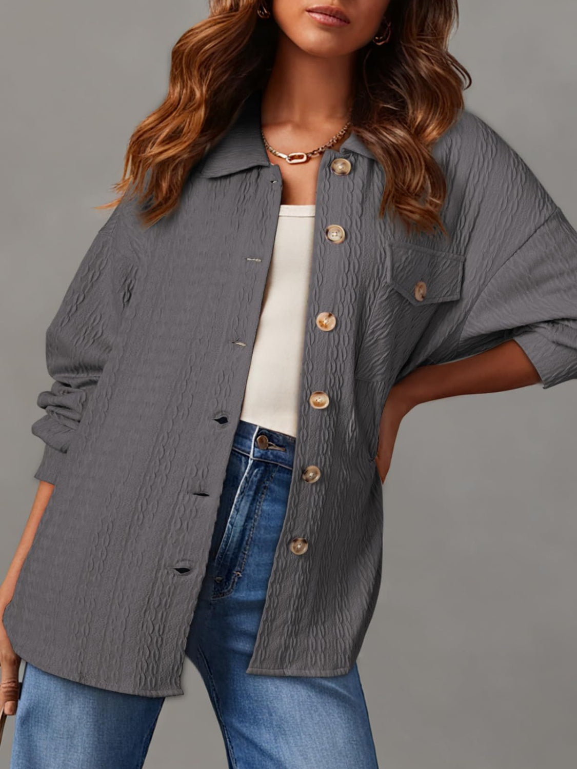 Textured Button Up Long Sleeve Shacket - 5 Colors