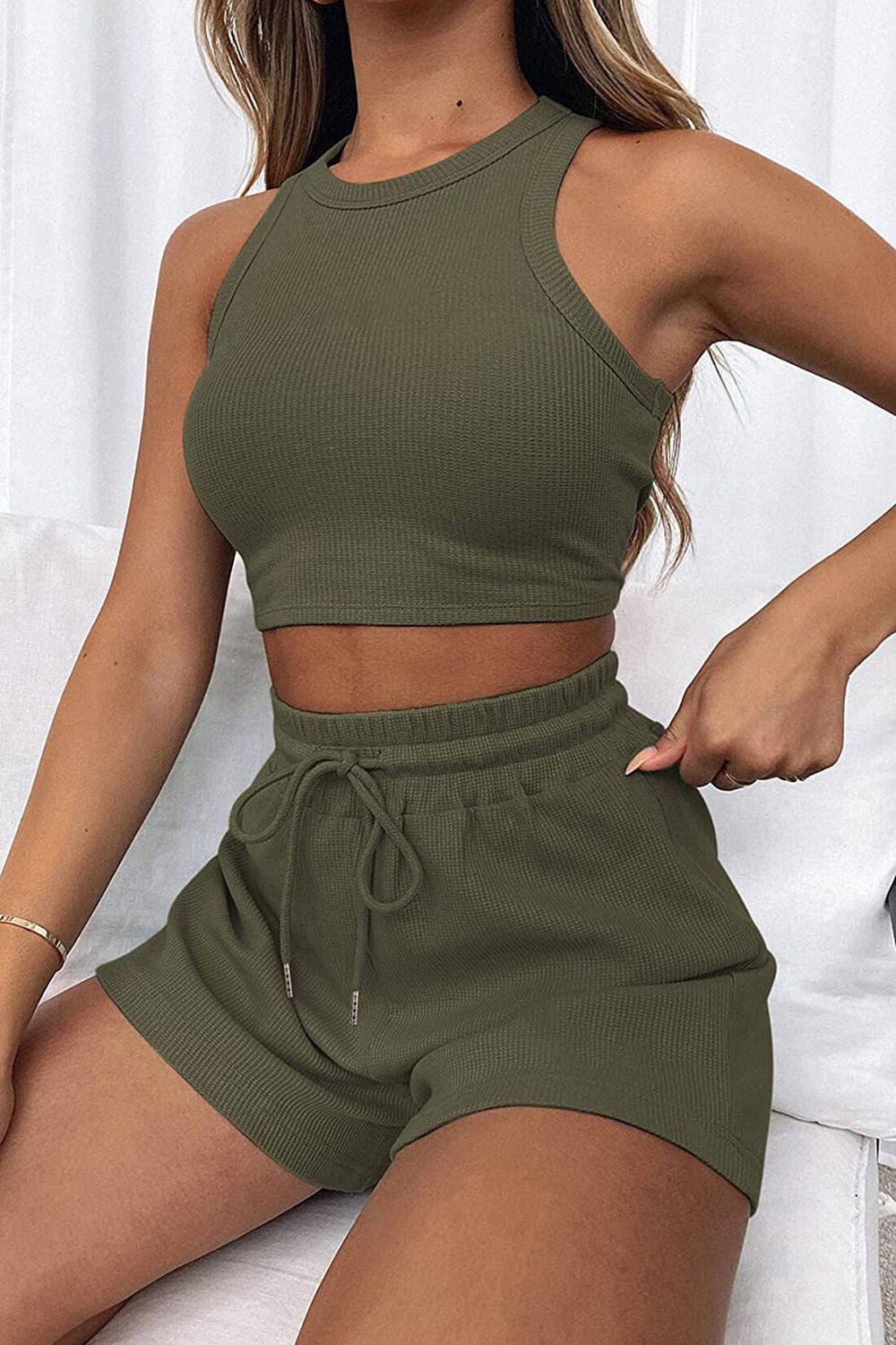 Round Neck Top and Drawstring Shorts Set - 12 Colors