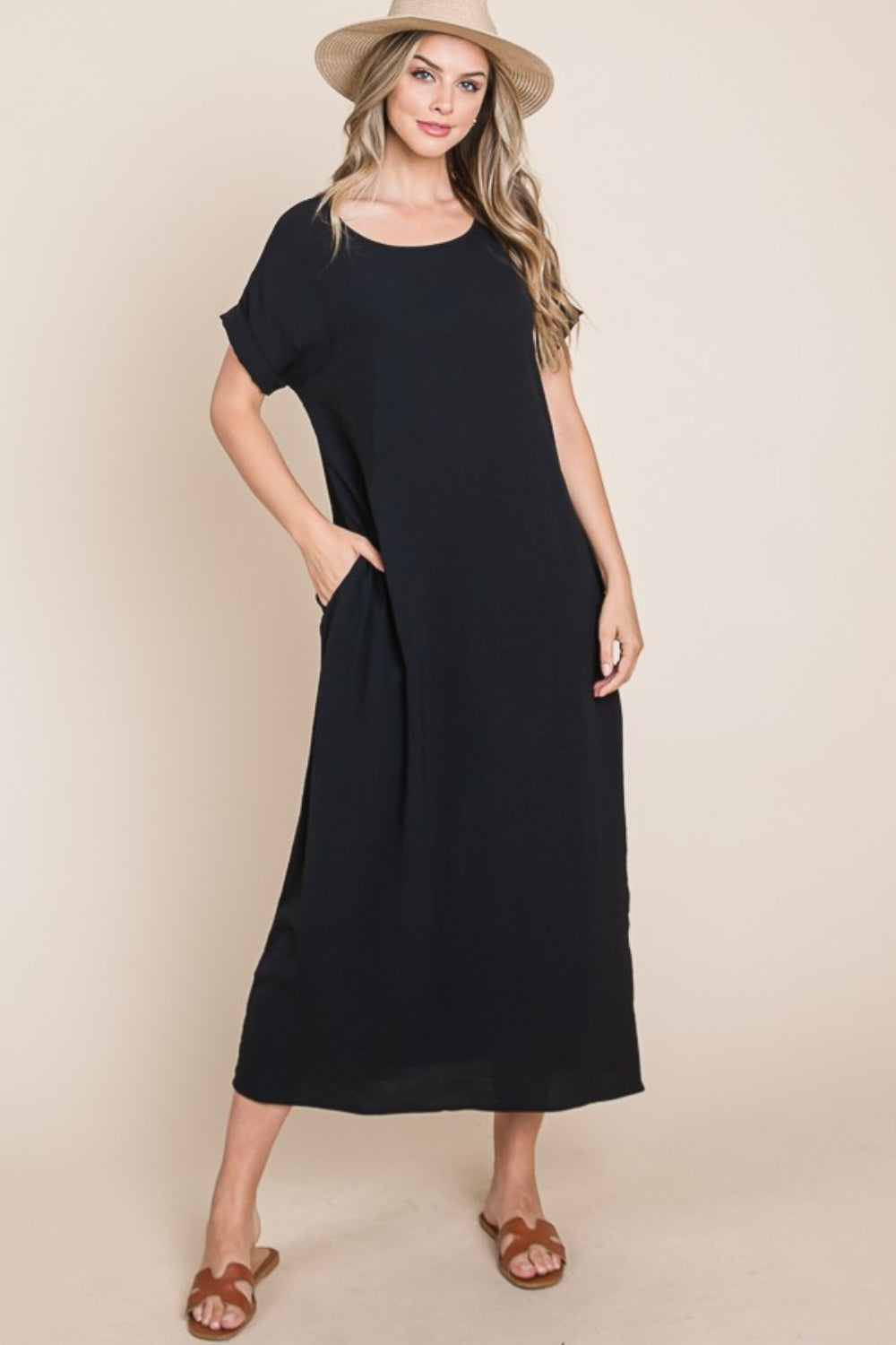 BOMBOM Round Neck Short Sleeve Midi Dress with Pockets - Shop All Around Divas