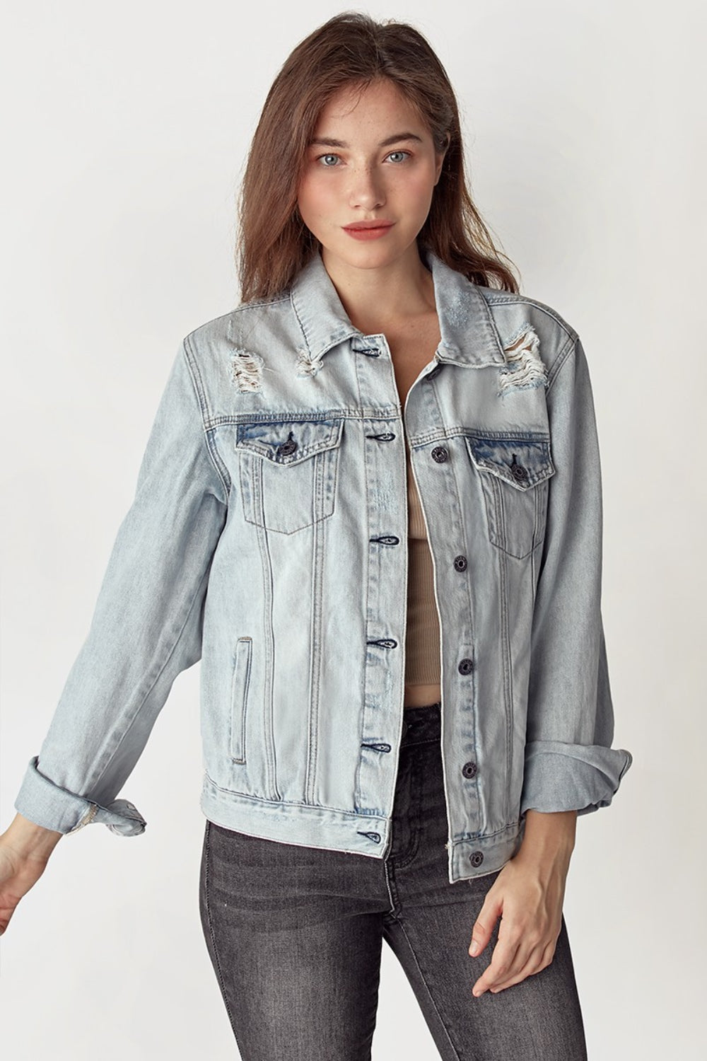 RISEN Distressed Button Up Jacket - Shop All Around Divas