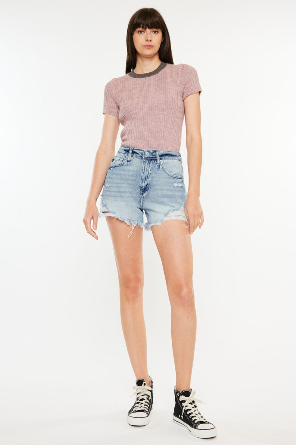 Kancan Distressed High Waist Denim Shorts with Pockets - Shop All Around Divas