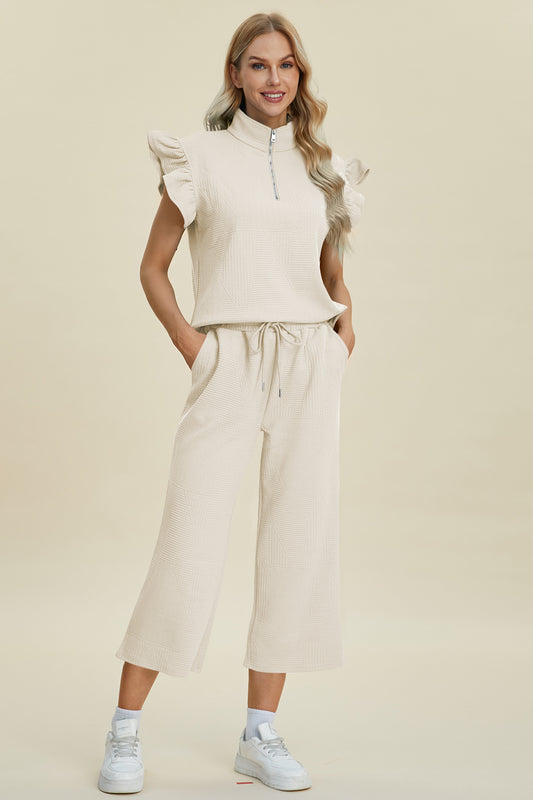 Double Take Texture Ruffle Short Sleeve Top and Wide Leg Pants Set - 5 Colors Trendsi