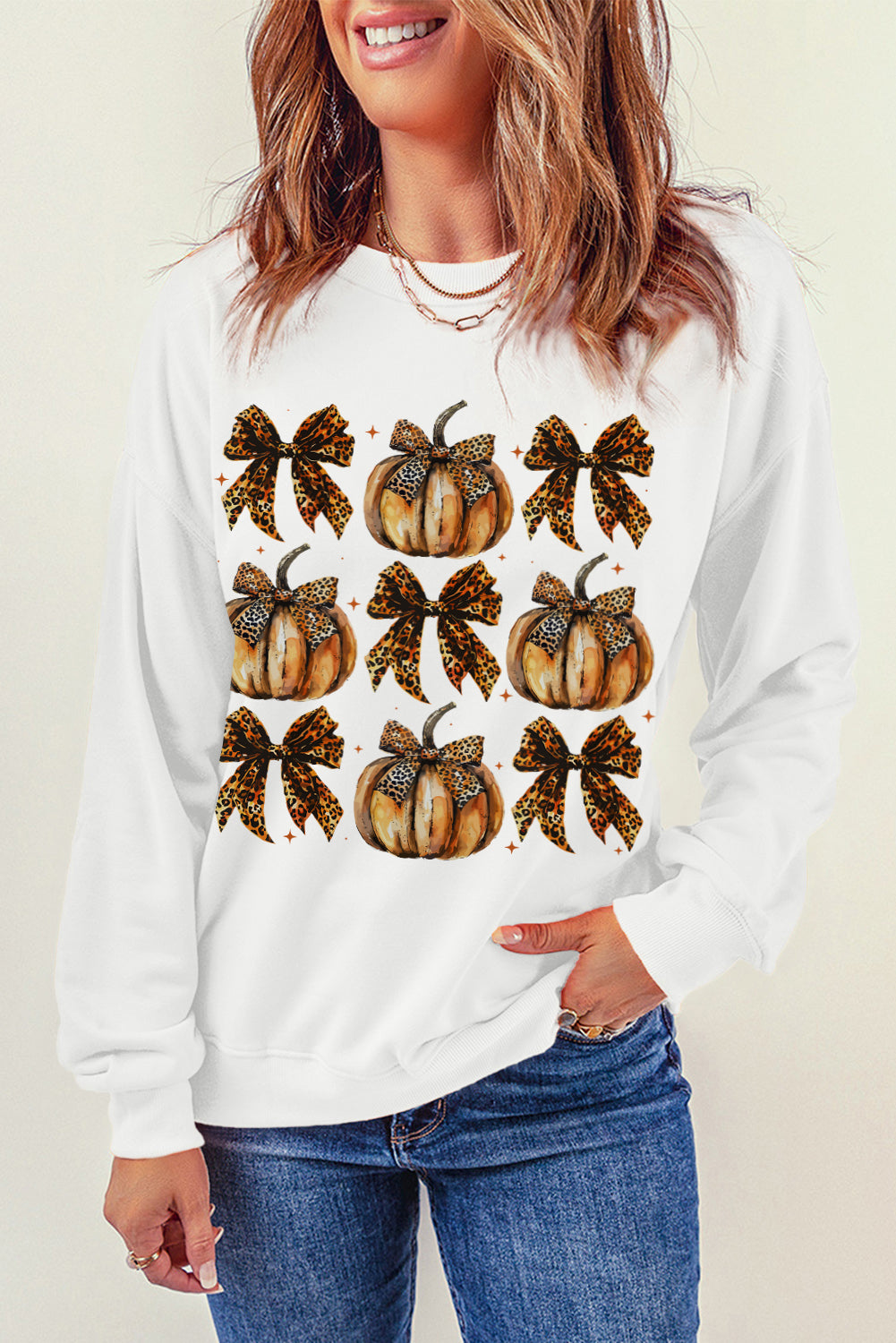 Pumpkin & Bow Graphic Long Sleeve Sweatshirt Trendsi