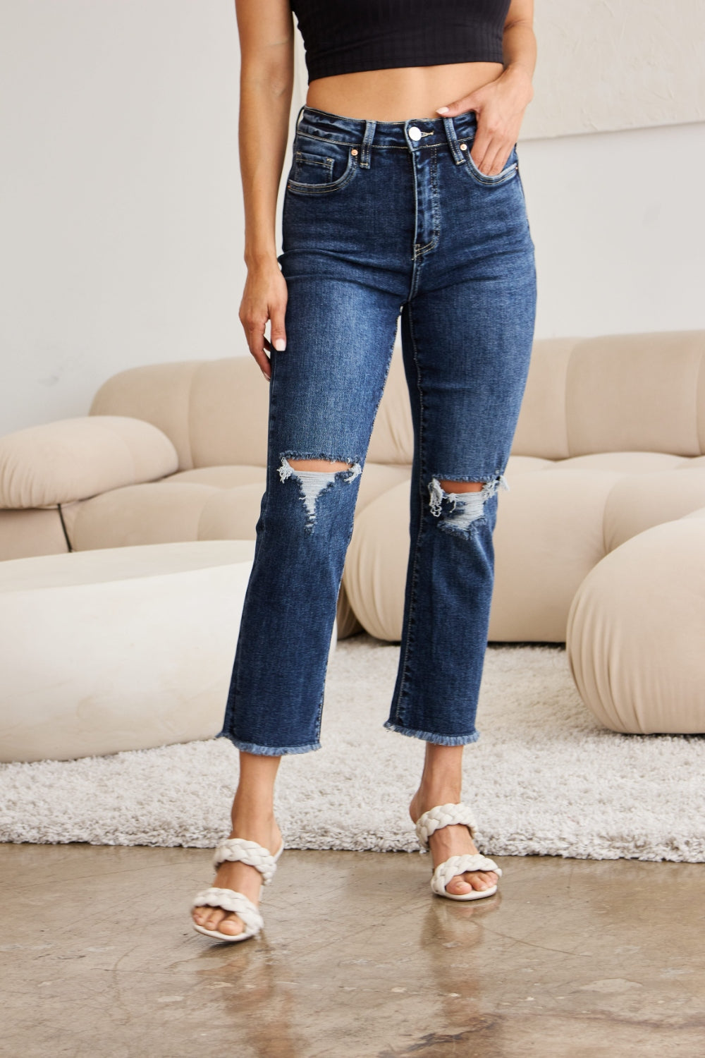 RFM Full Size Tummy Control Distressed High Waist Raw Hem Jeans - Shop All Around Divas