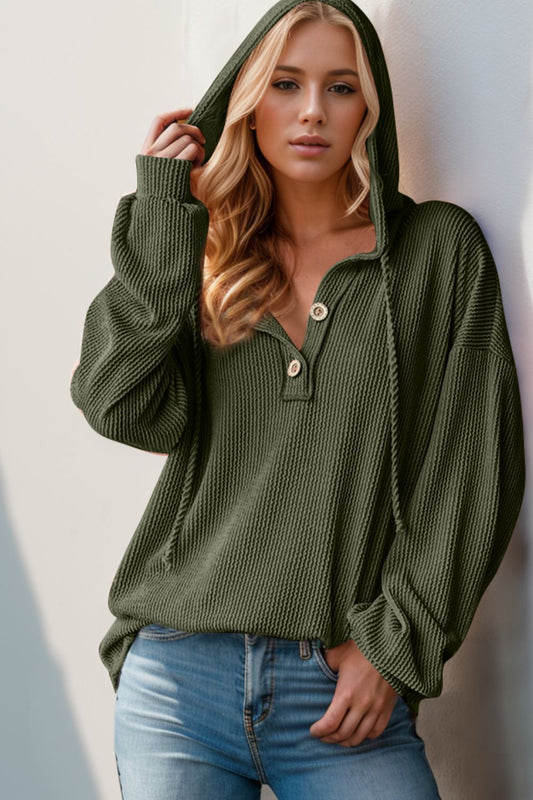 Double Take Half Button Long Sleeve Hoodie - 3 Colors