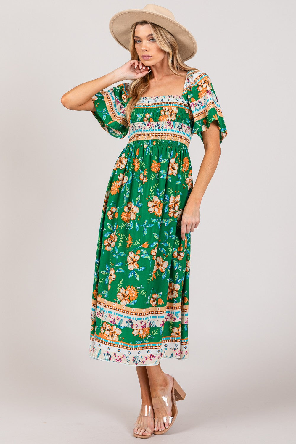 SAGE + FIG Printed Smocked Short Sleeve Midi Dress - Shop All Around Divas