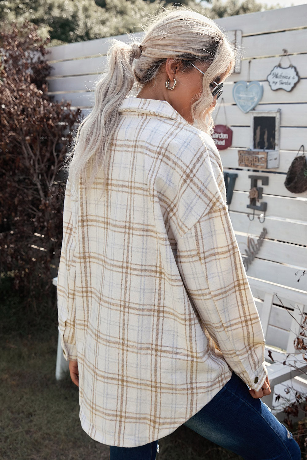 Plaid Curved Hem Dropped Shoulder Longline Shirt Jacket - Multiple Colors