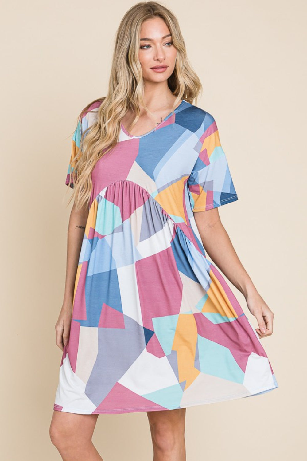 BOMBOM Ruched Color Block Short Sleeve Dress - Shop All Around Divas