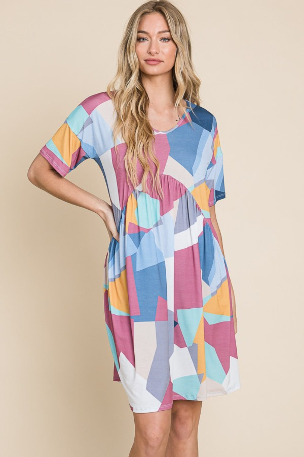 BOMBOM Ruched Color Block Short Sleeve Dress - Shop All Around Divas