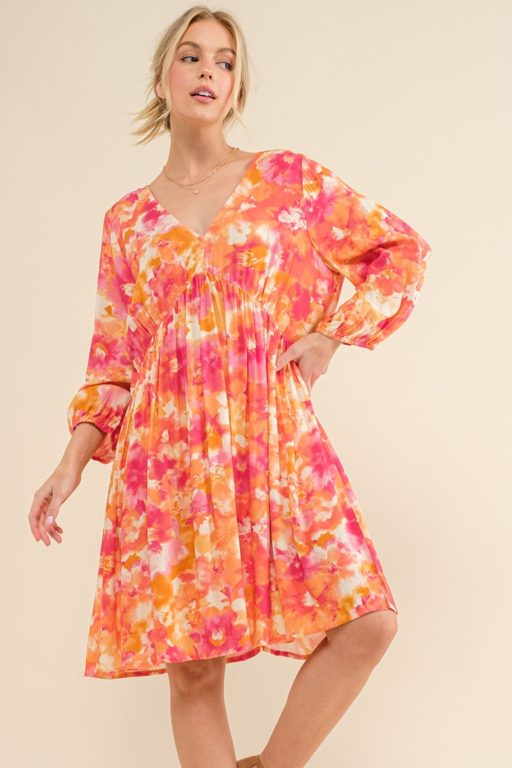 And The Why Full Size Printed Tie Back Long Sleeve Dress - Shop All Around Divas