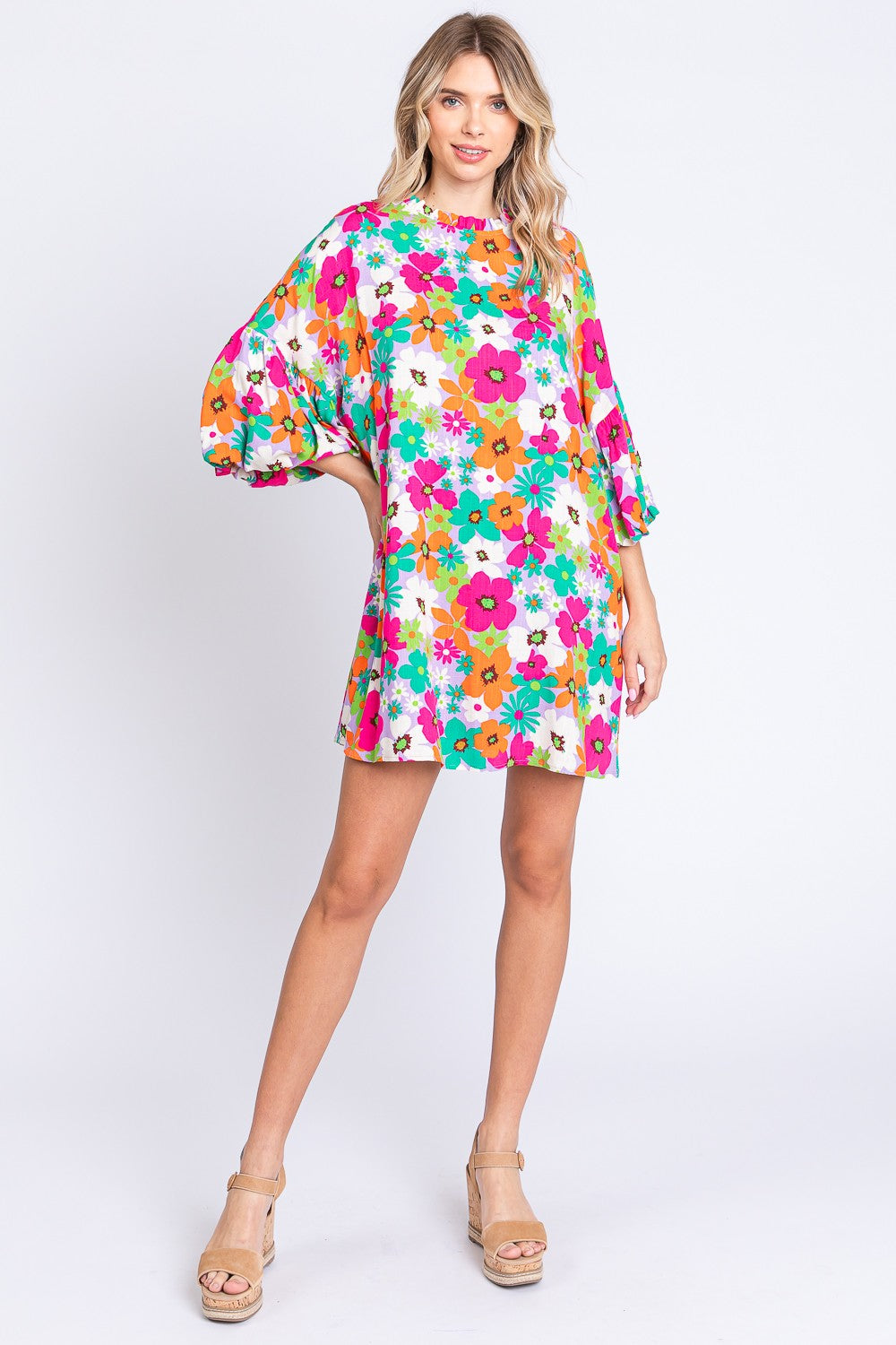 GeeGee Full Size Floral Round Neck Lantern Sleeve Mini Dress - Shop All Around Divas