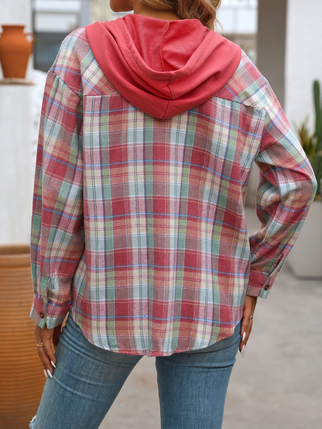 Plaid Long Sleeve Hooded Jacket - 5 Colors Trendsi