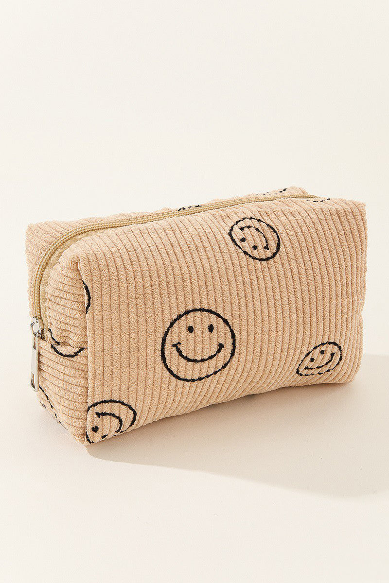 Zenana Smiley Face Corduroy Cosmetic Pouch - 6 Colors