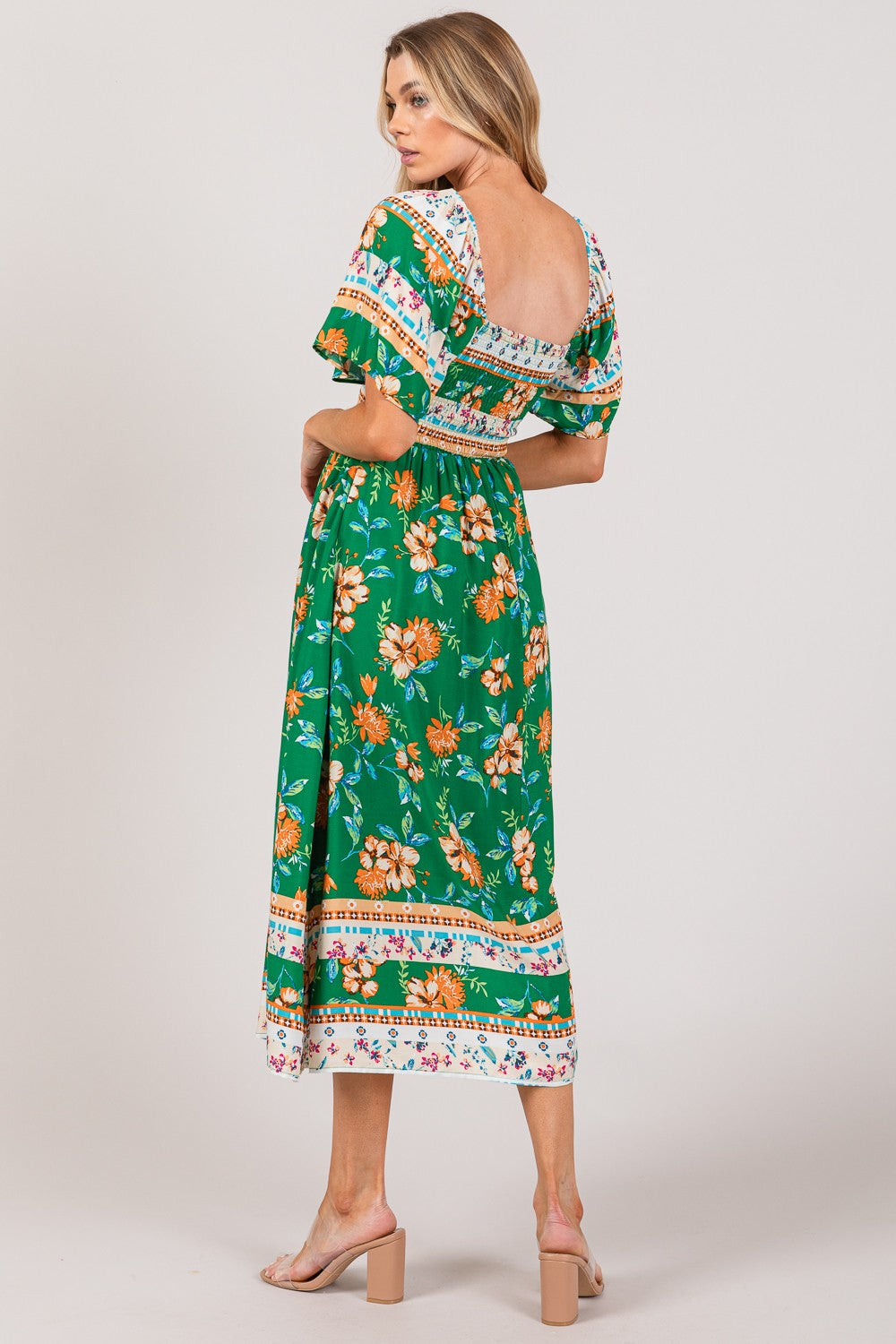 SAGE + FIG Printed Smocked Short Sleeve Midi Dress - Shop All Around Divas