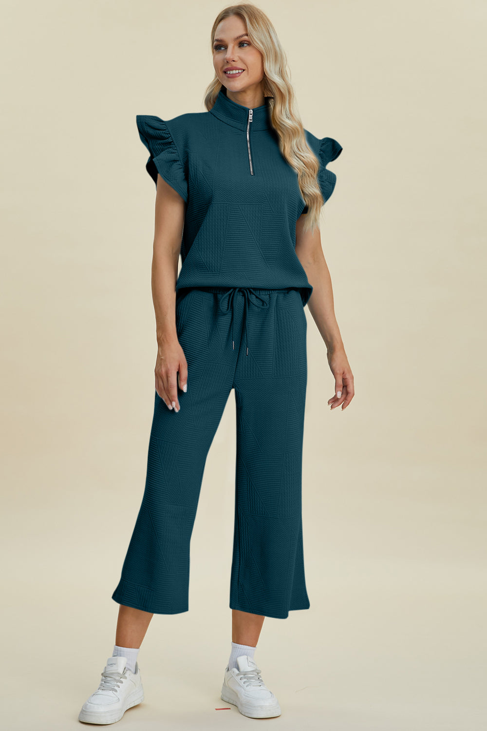 Double Take Texture Ruffle Short Sleeve Top and Wide Leg Pants Set - 5 Colors Trendsi