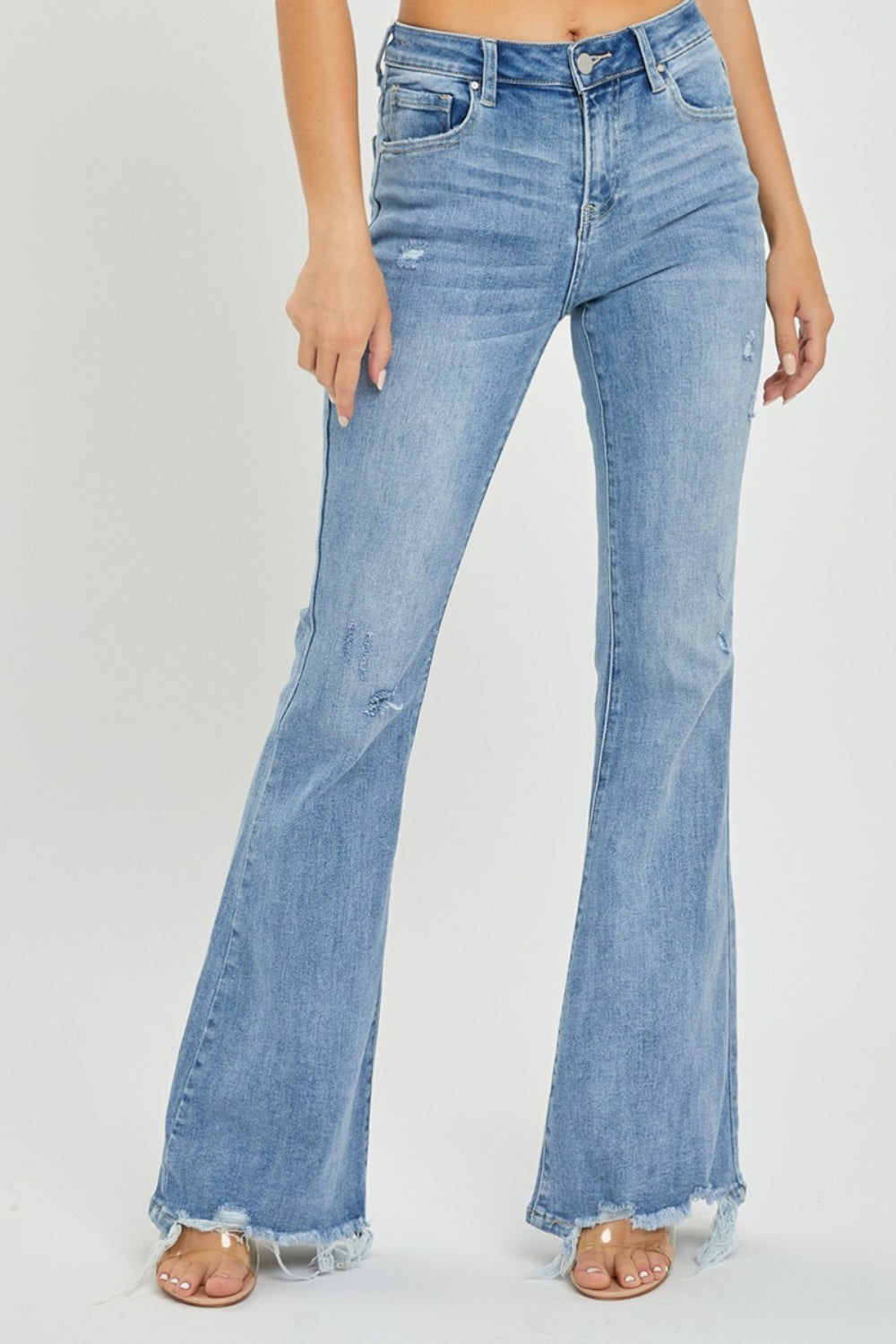 Risen Full Size High Rise Frayed Hem Flare Jeans Trendsi