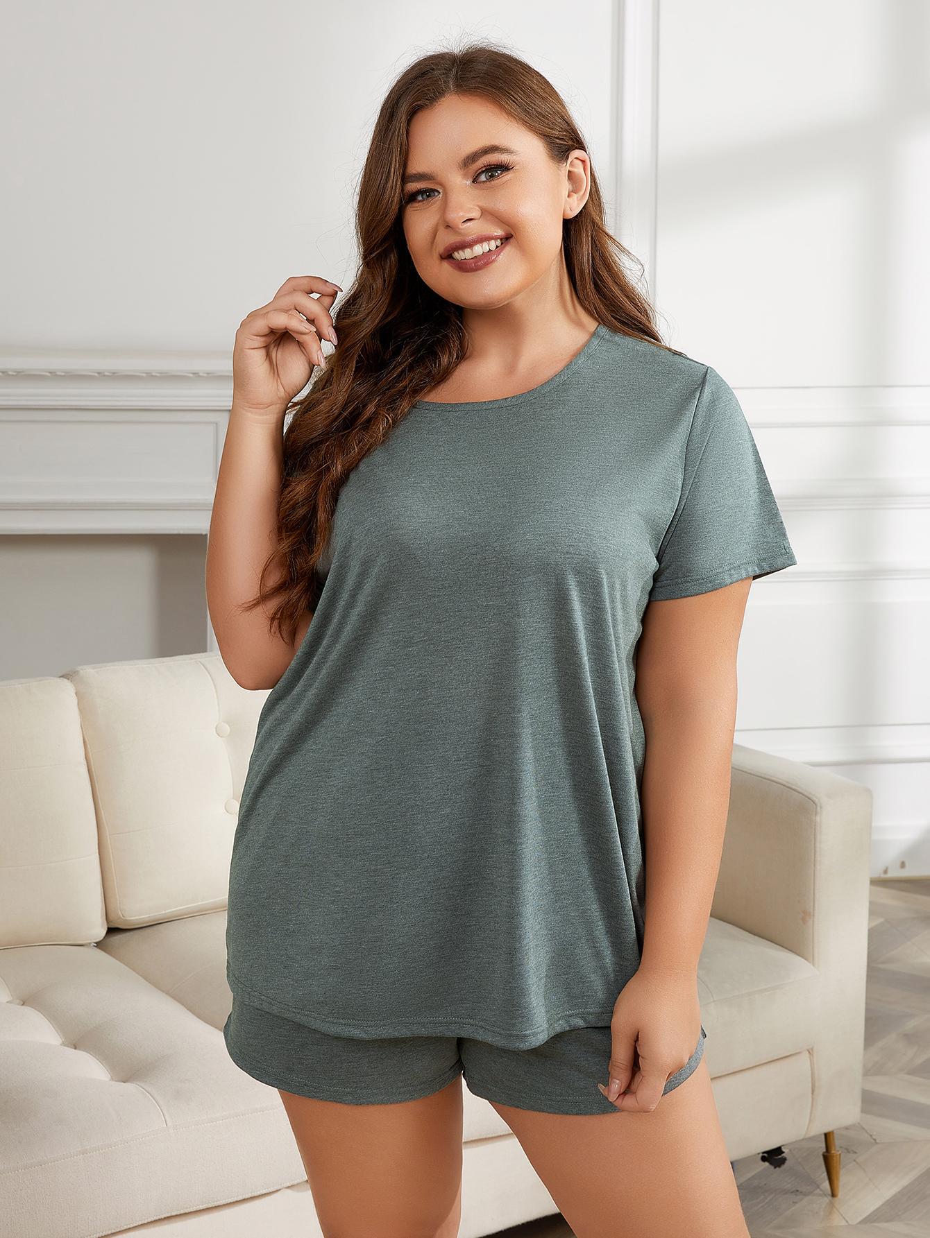 Plus Size Round Neck Short Sleeve Two-Piece Loungewear Set - 2 Colors - Shop All Around Divas