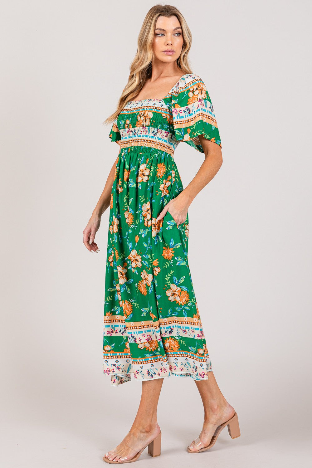 SAGE + FIG Printed Smocked Short Sleeve Midi Dress - Shop All Around Divas