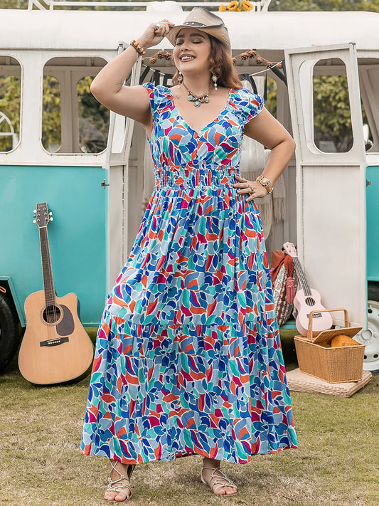 Plus Size Printed Cap Sleeve Dress - Shop All Around Divas