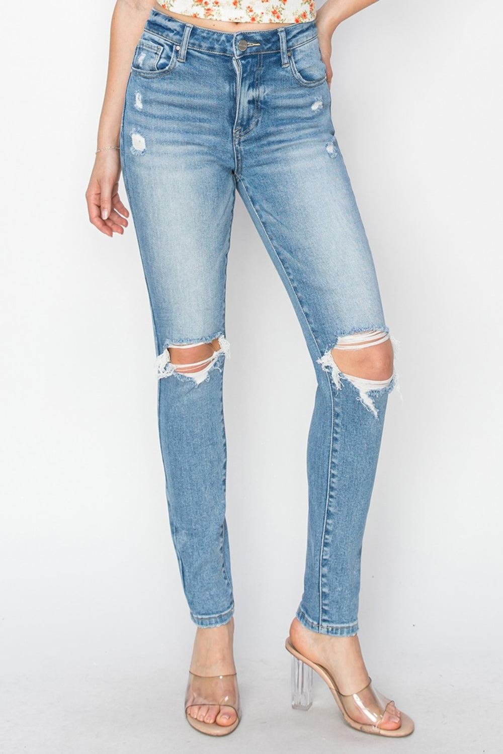 Risen Full Size High Rise Knee Distressed Skinny Jeans Trendsi