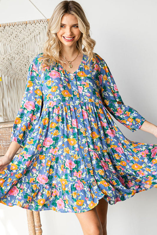 Boho Vibes Cotton Floral Button Down 3/4 Sleeve Tiered Dress